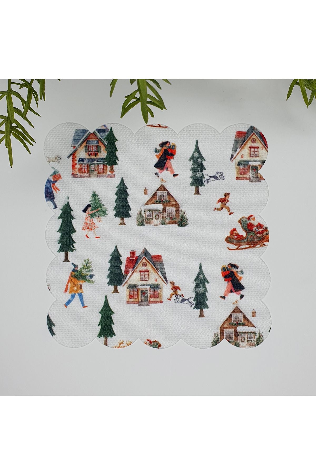 Sulu Boya Tatlı Yılbaşı Kasaba Manzara Desenli Yıkanabilir Kumaş  Kokteyl Peçetesi 1 Adet