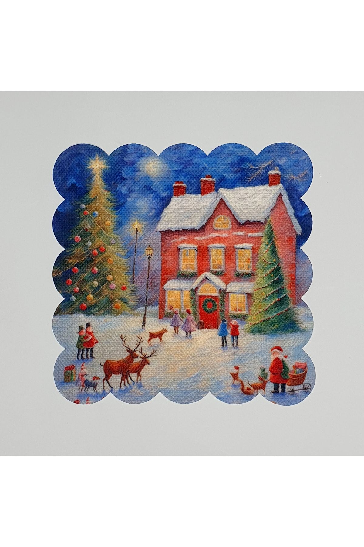 El Çizimi Yılbaşı Evi Manzaralı Dijital Baskılı Kumaş Kokteyl Peçetesi Lazer Kesimli