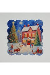 El Çizimi Yılbaşı Evi Manzaralı Dijital Baskılı Kumaş Kokteyl Peçetesi Lazer Kesimli