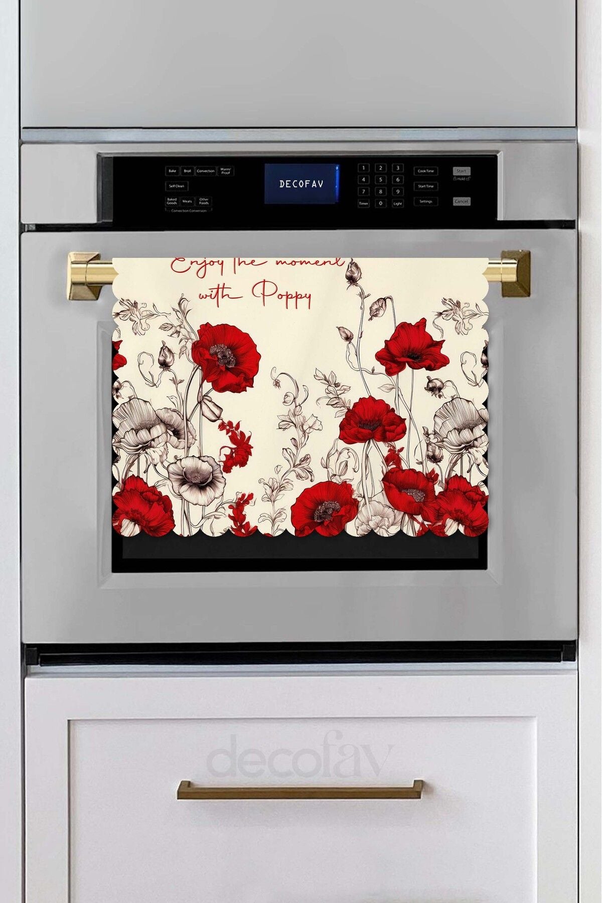 Kırmızı Gelincik Çiçek ve Slogan Tasarımlı Lazer Kesim Dikişsiz Fırın Örtüsü - 40x53cm
