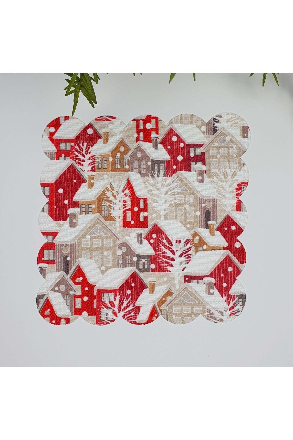 Kırmızı Yılbaşı Evleri Desenli Lazer Kesim Kumaş Kokteyl Peçetesi 1 Adet