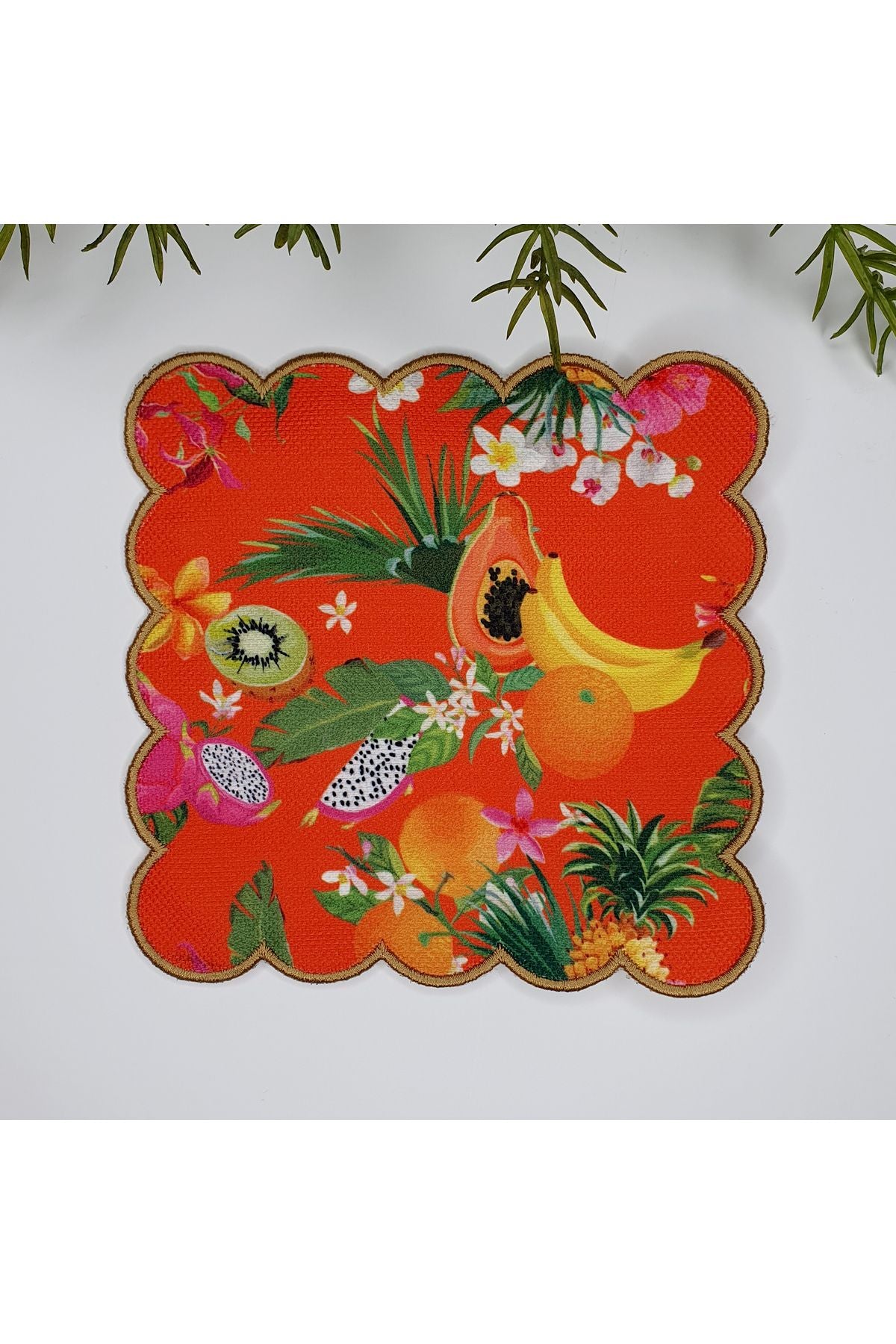 Tropikal Meyveler ve Yapraklar Nakış Kenar Kokteyl Peçetesi 1 Adet