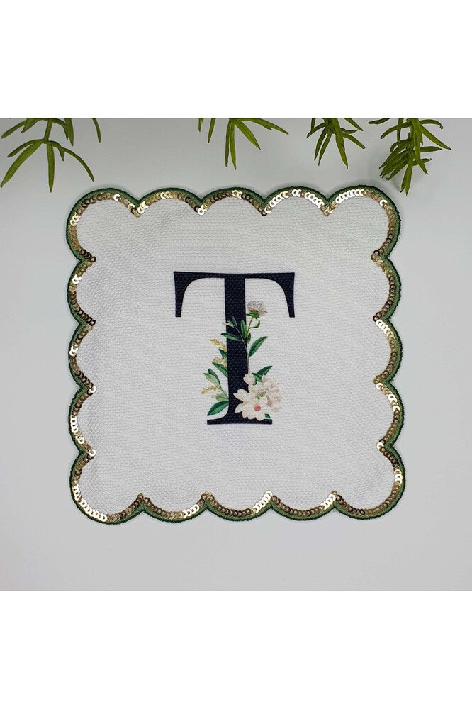 T Harfi Baskılı Kişiye Özel Pul İşlemeli Monogramlı Nakış Kenar Pullu Kokteyl Peçetesi 1 Adet