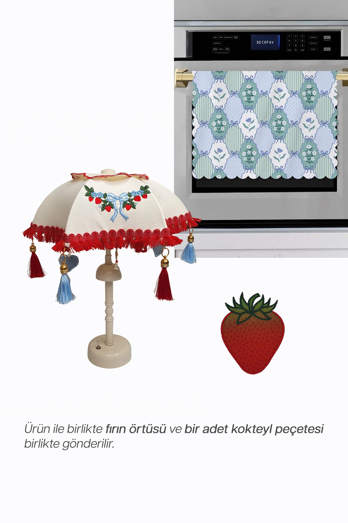Strawberry Ribbon Bali Şemsiyesi Şarjlı LED Aplik – Çilek ve Mavi Kurdele Nakışlı Dekoratif Aydınlatma