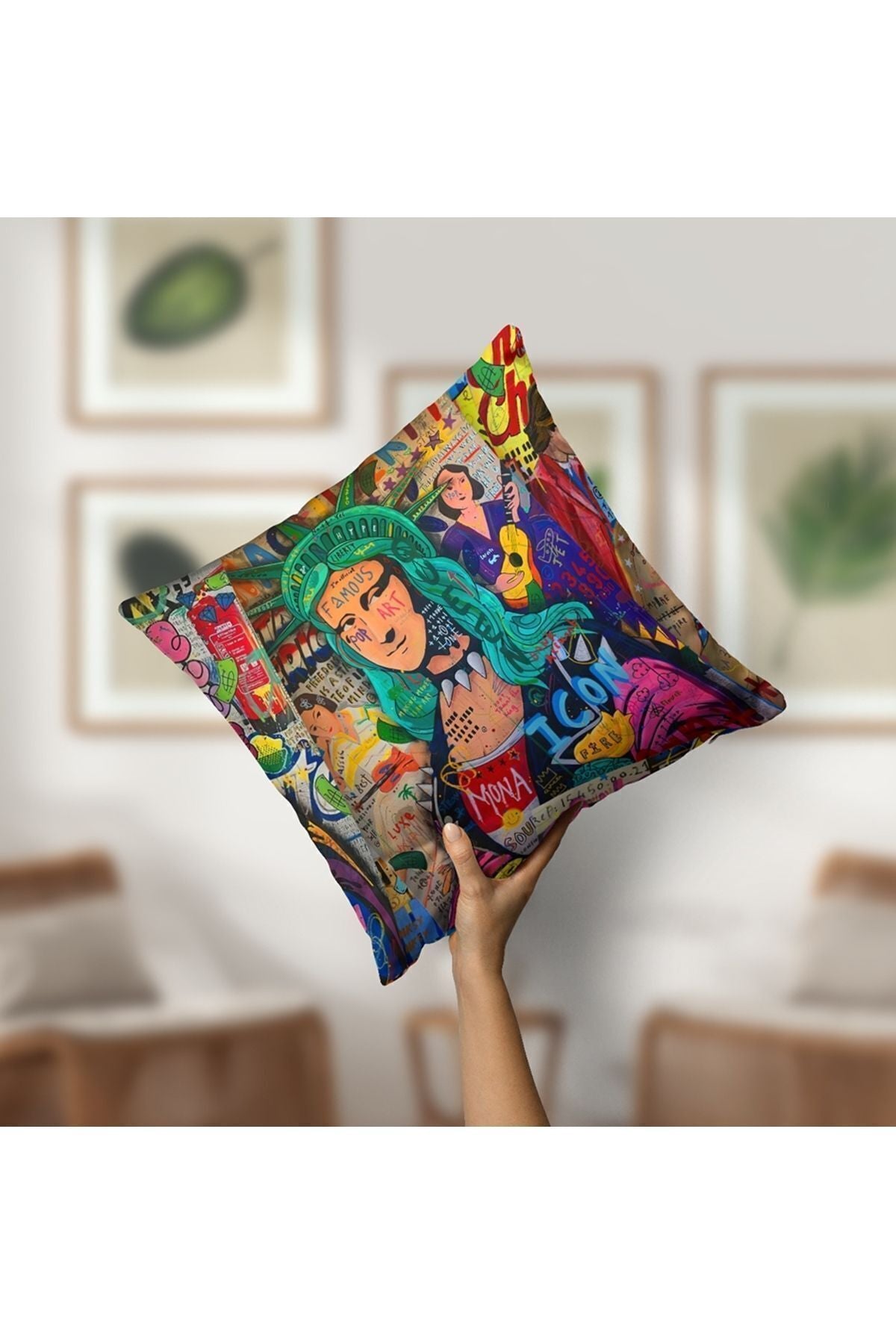 Kırlent Kılıfı Neon Yazılar Kadın Pop Art Desenli Dijital Baskılı