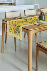 Sarı Zemin Botanik Çiçekler Tasarımlı Lazer Kesim Runner 48x135cm