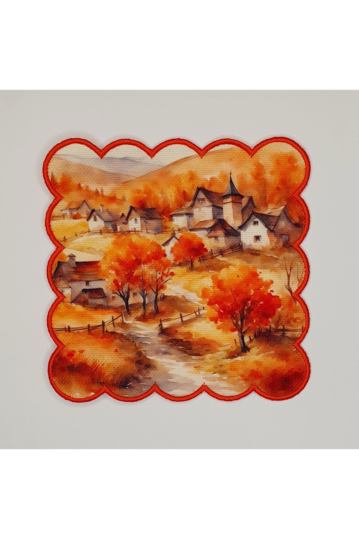 Sulu Boya Sonbahar Köy Manzara Desenli Kenarı Nakışlı Kokteyl Peçetesi