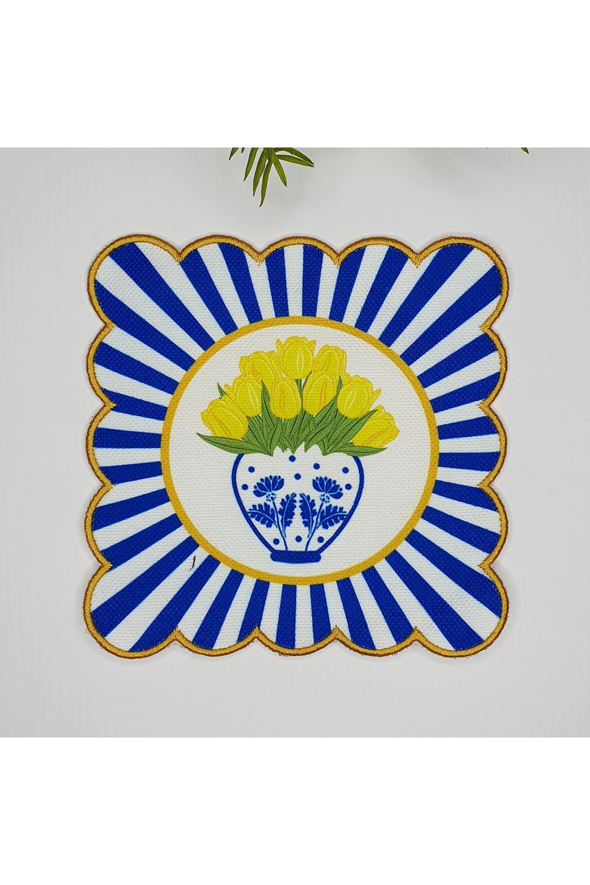 Decorative Blue Vase Yellow Tulip Pattern Digitally Printed Embroidered Cocktail Napkin