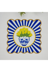 Decorative Blue Vase Yellow Tulip Pattern Digitally Printed Embroidered Cocktail Napkin