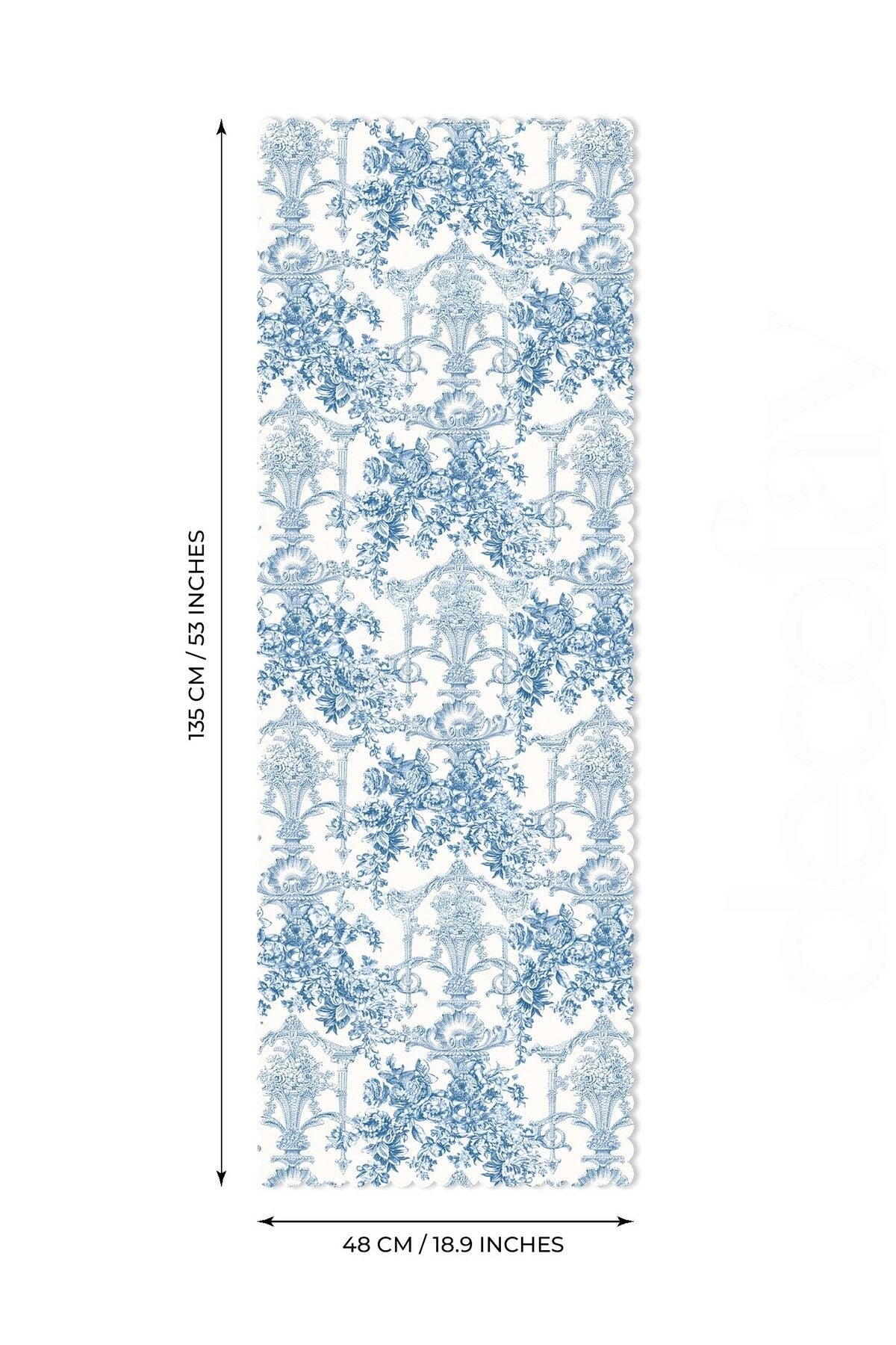 Fransız Stili Toile de Jouy Desenli Dikişsiz Lazer Kesim Runner - 48x132cm