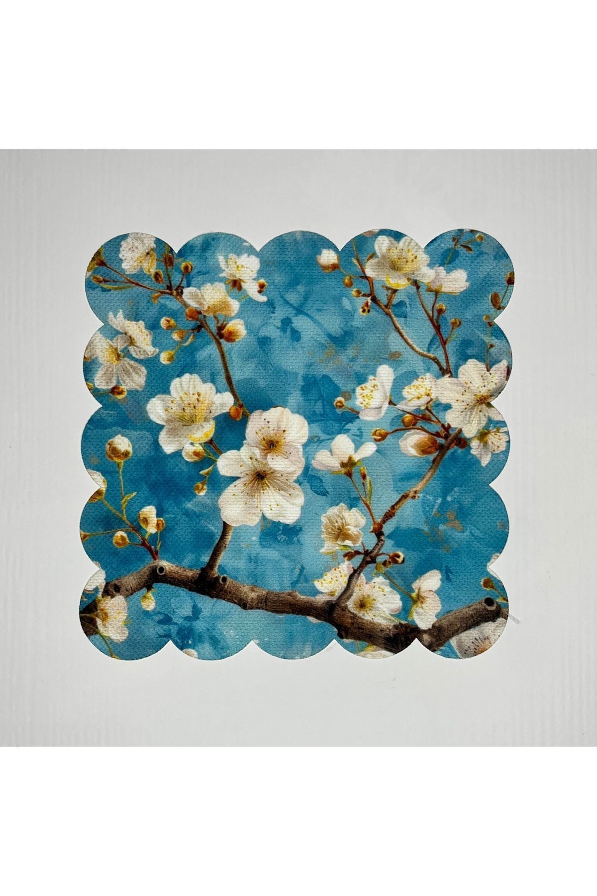 Mavi Zemin Suluboya Tomurcuk Çiçekli Dijital Baskılı Lazer Kesim Kokteyl Peçetesi