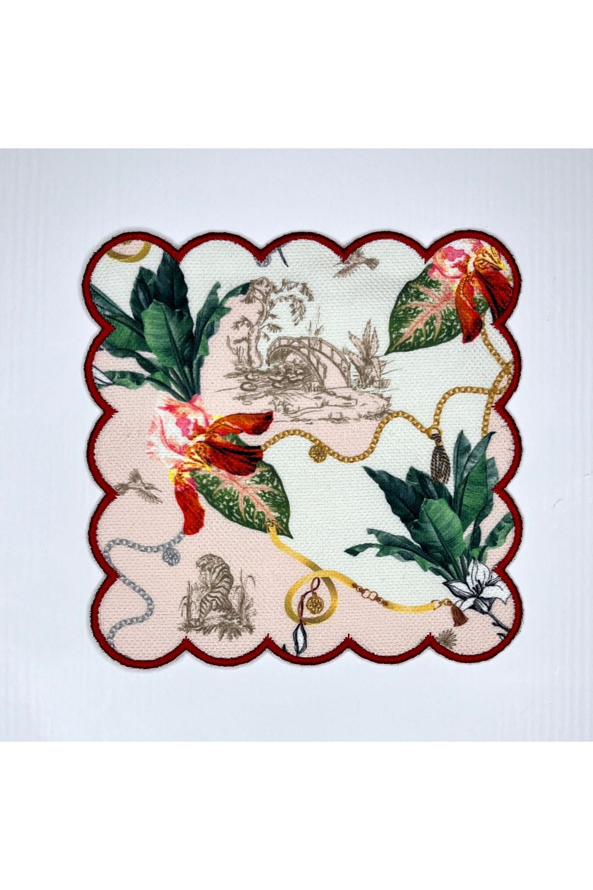 Kırmızı Nakışlı Zincir Detaylı Şal Desenli Dijital Baskılı, Dekoratif Kokteyl Peçeteleri