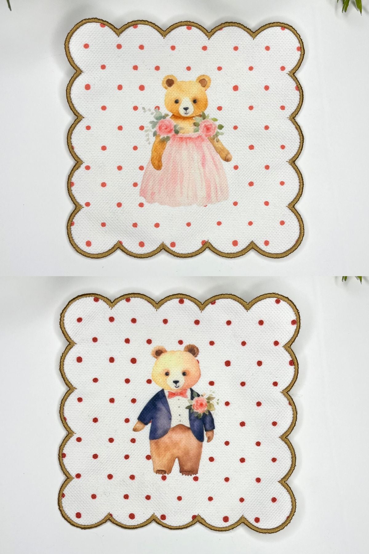 Sulu Boya Teddy Gelin Damat Tasarımlı Nakış Kenar Kokteyl Peçeteleri 2 Adet