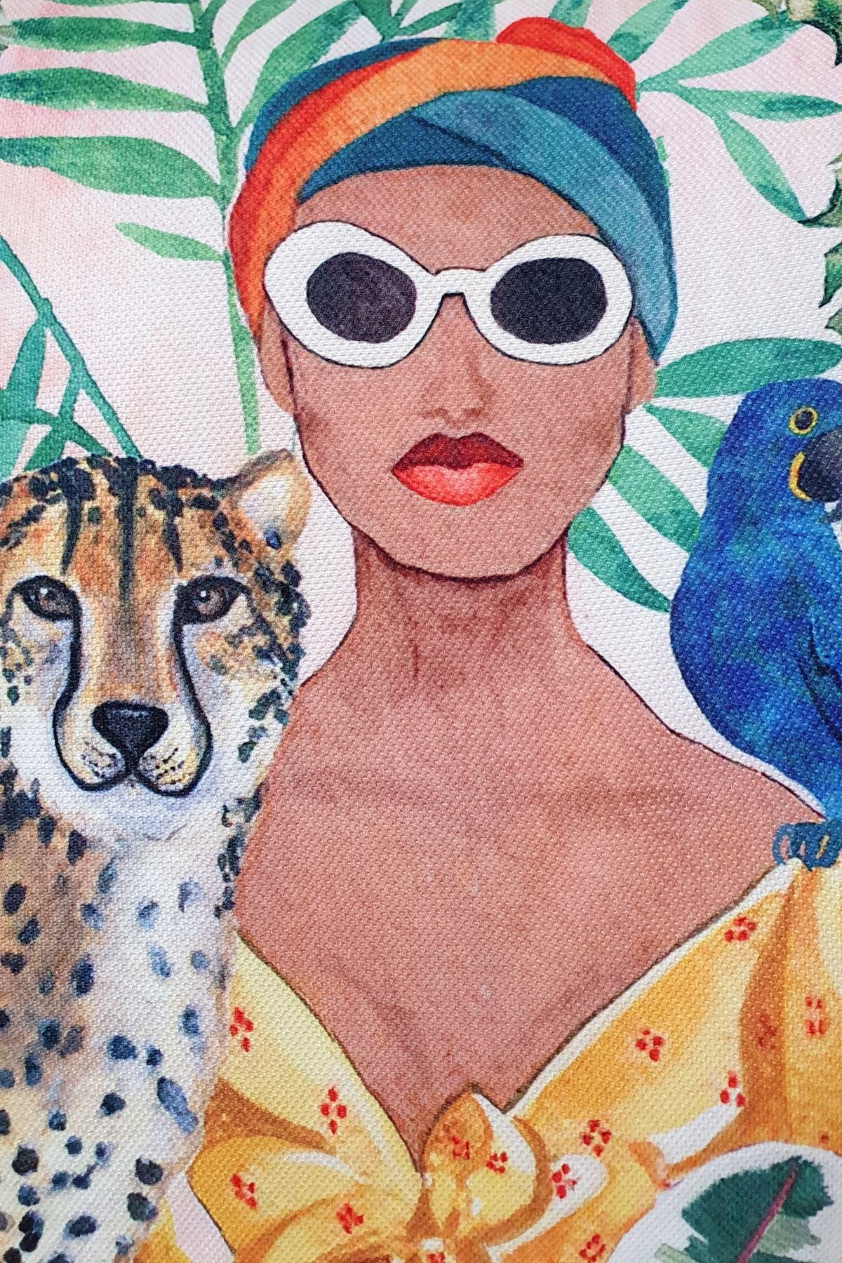 Afrikalı Kadın ve Çita Tropik Desenli Dijital Baskılı Kırlent Kılıfı - 43x43cm