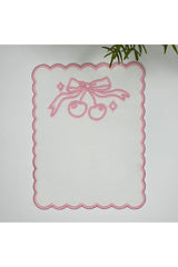 Vişne Tasarım Beyaz Renk Pembe Nakışlı Kumaş Kokteyl Peçetesi 1 Adet