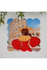 Sulu Boya Kırmızı Elbiseli Kadın Desenli Yıkanabilir Kumaş  Kokteyl Peçetesi 1 Adet