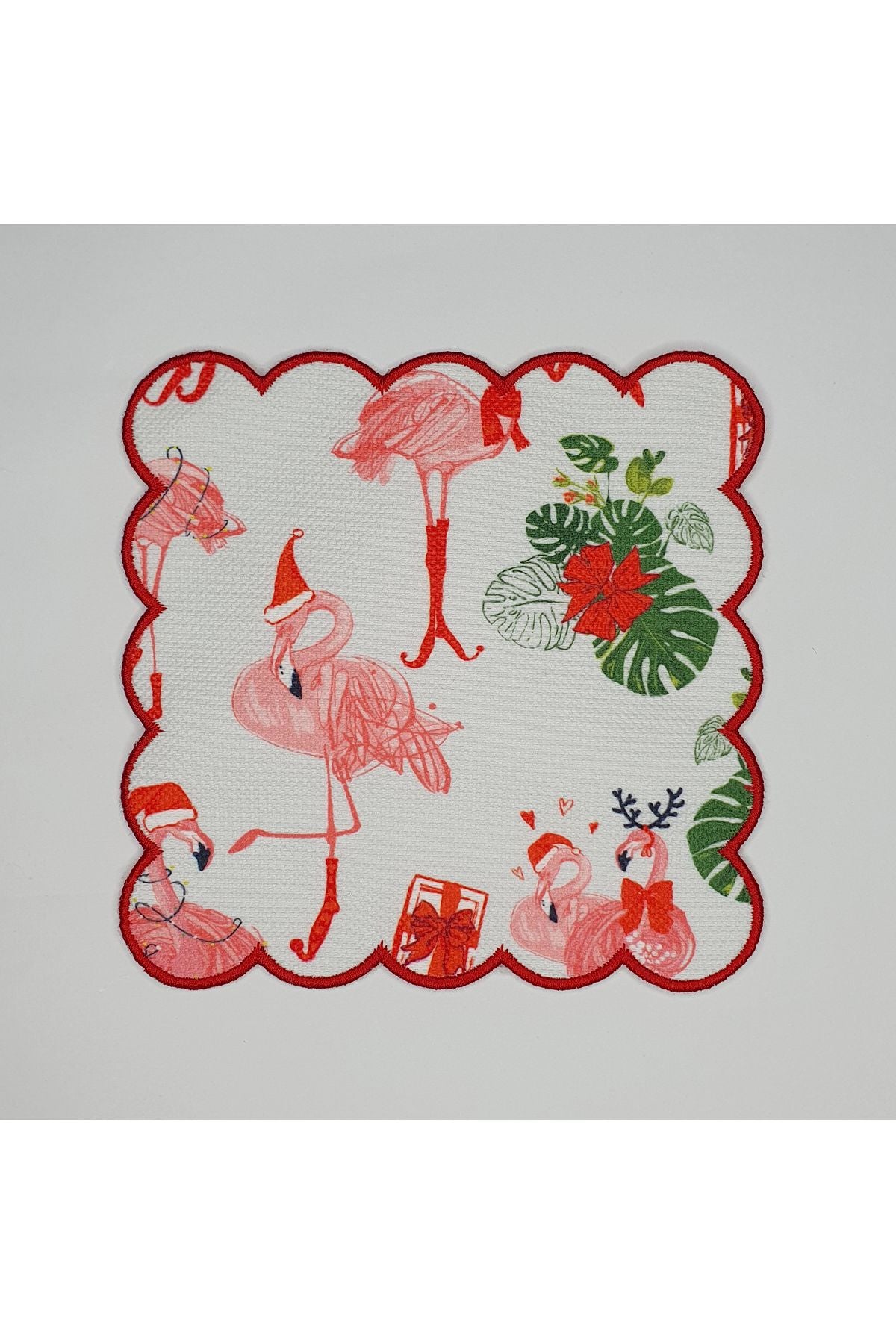 Yılbaşı Flamingo ve Yaprak Desenli Etrafı Nakışlı Kokteyl Peçetesi