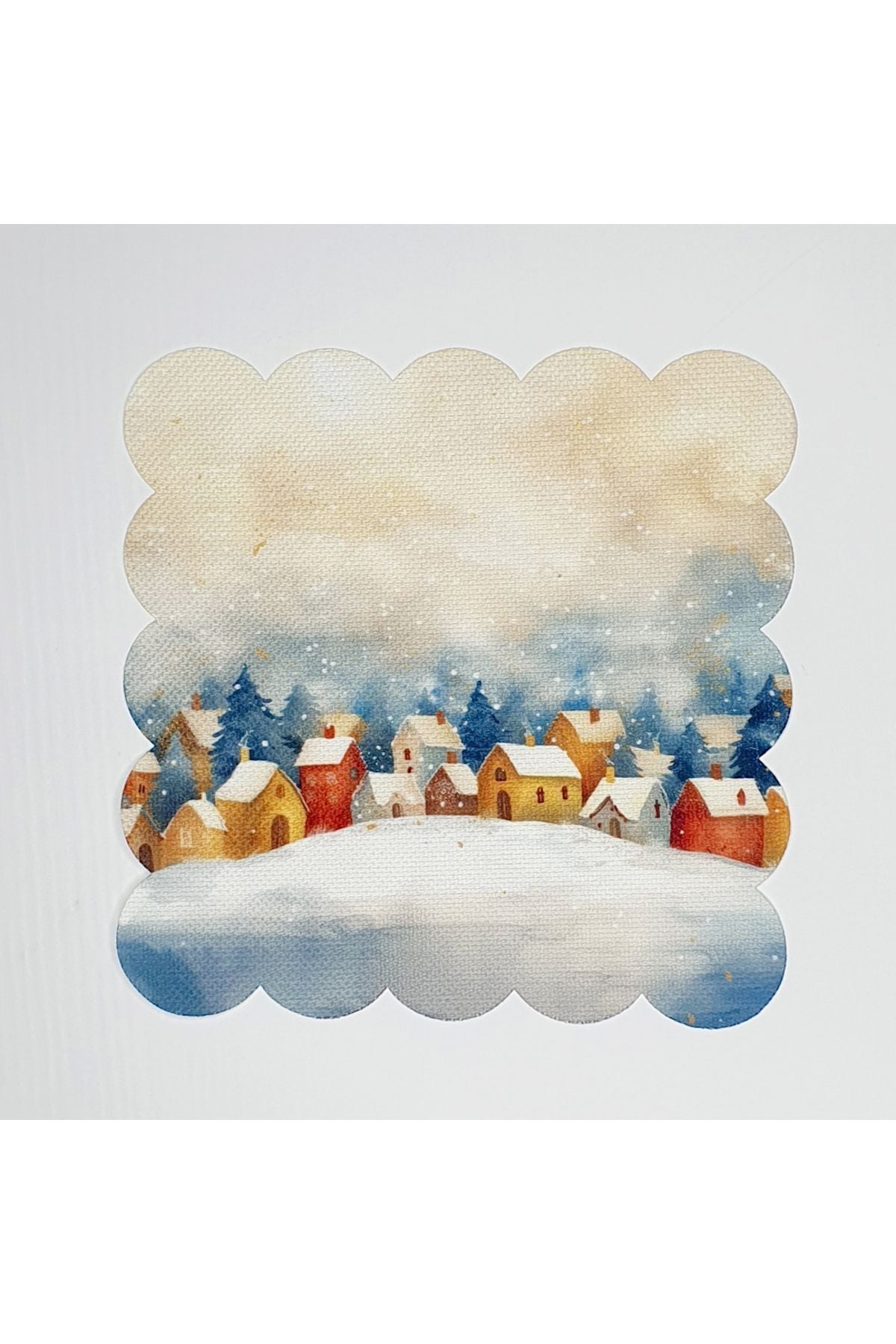 Sulu Boya Kış Köyü Desenli Lazer Kesim Yıkanabilir Kokteyl Peçetesi