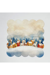 Sulu Boya Kış Köyü Desenli Lazer Kesim Yıkanabilir Kokteyl Peçetesi