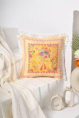 Love Bloom Kalpli Sarı Renkli Çiçekli Saçaklı Kadife Kırlent Kılıfı - 43x43cm