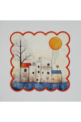 Minimalist Şirin Deniz Evleri Manzara Desenli Kenarı Nakışlı Kokteyl Peçetesi