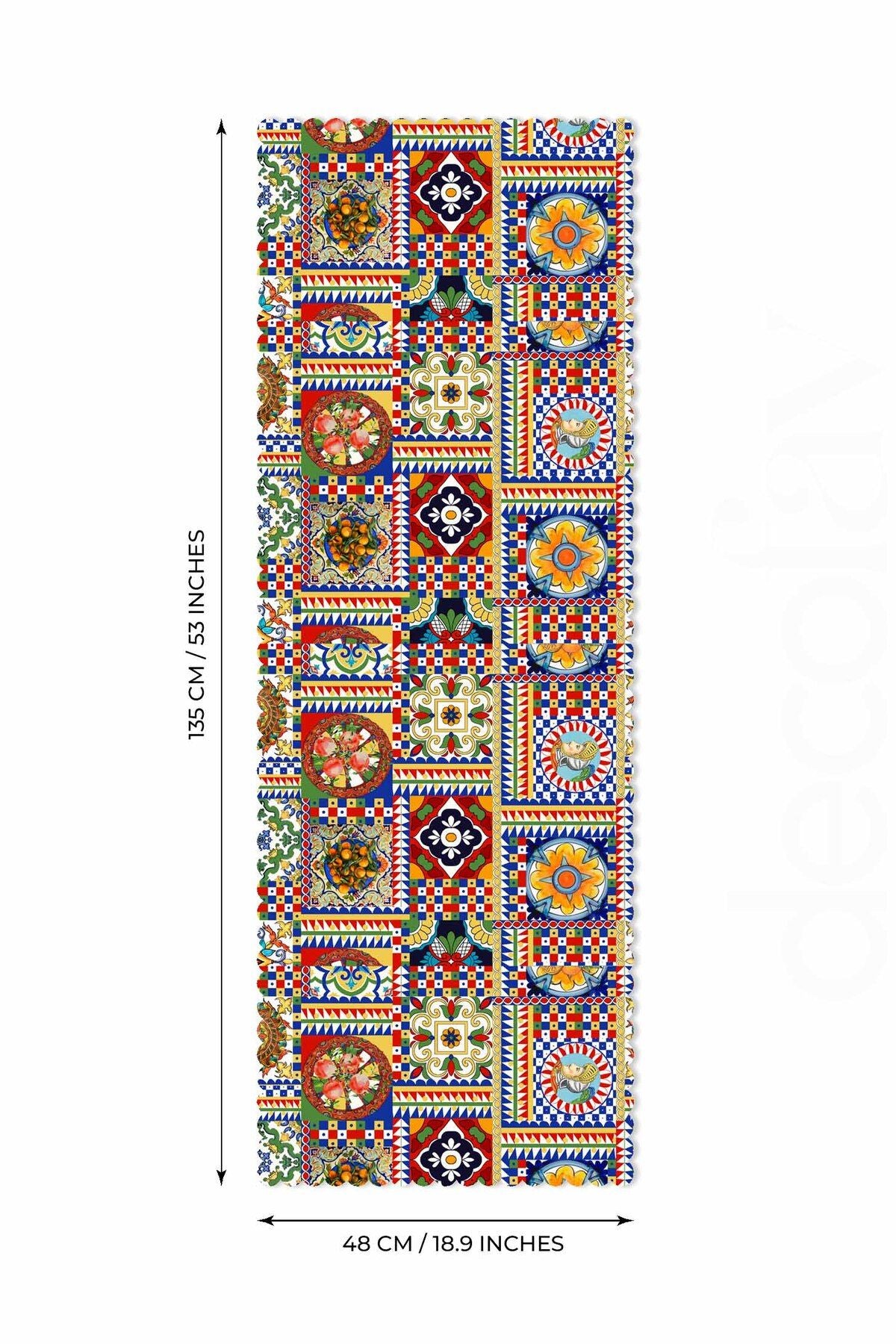 Sicily İtalyan Çini Stili Lazer Kesim Dikişsiz Runner - 48x135cm