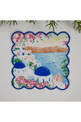 Sulu Boya Santorini Manzara Tasarımlı Nakış Kenar Kokteyl Peçetesi 1 Adet