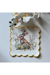 Sarı kenarlı Tavşan Desenli Dijital Baskılı, Kenarı  Nakışlı Dekoratif Kokteyl Peçeteleri