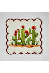 Etrafı Kızmızı Nakışlı Kaktüs Desenli Dijital Baskılı Kokteyl Peçetesi Yıkanabilir