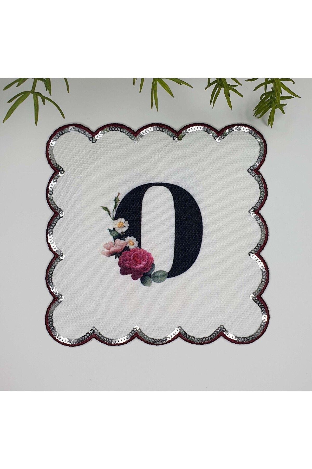 Letter O Printed Personalized Sequined Monogrammed Embroidered Cocktail Napkin with Sequined Edge, 1 Piece