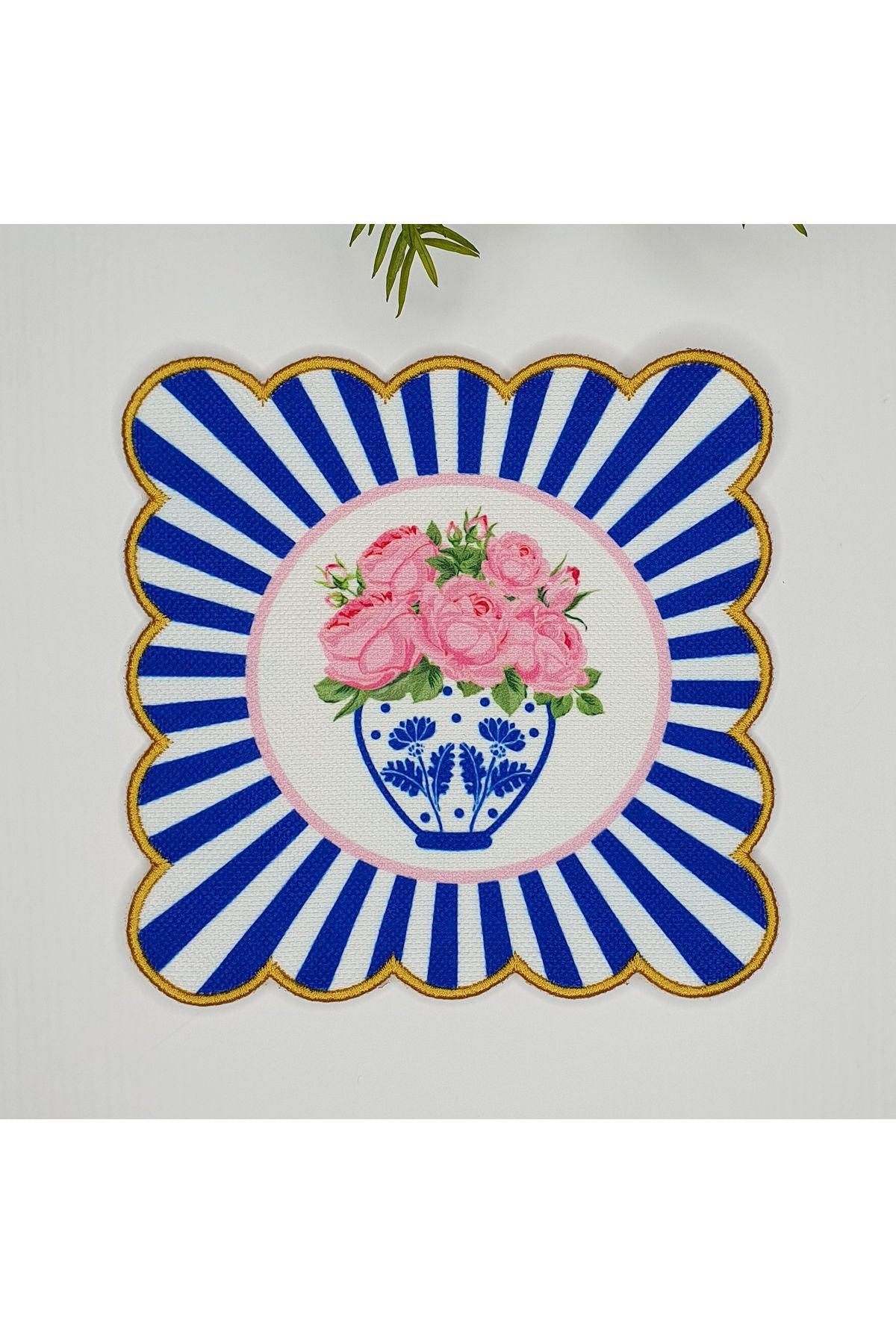 Decorative Blue Vase Pink Rose Pattern Digital Printed Embroidered Cocktail Napkin