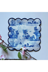 İstanbul Deseni Dijital Baskılı, Kenarı Lacivert Nakışlı Dekoratif Kokteyl Peçeteleri