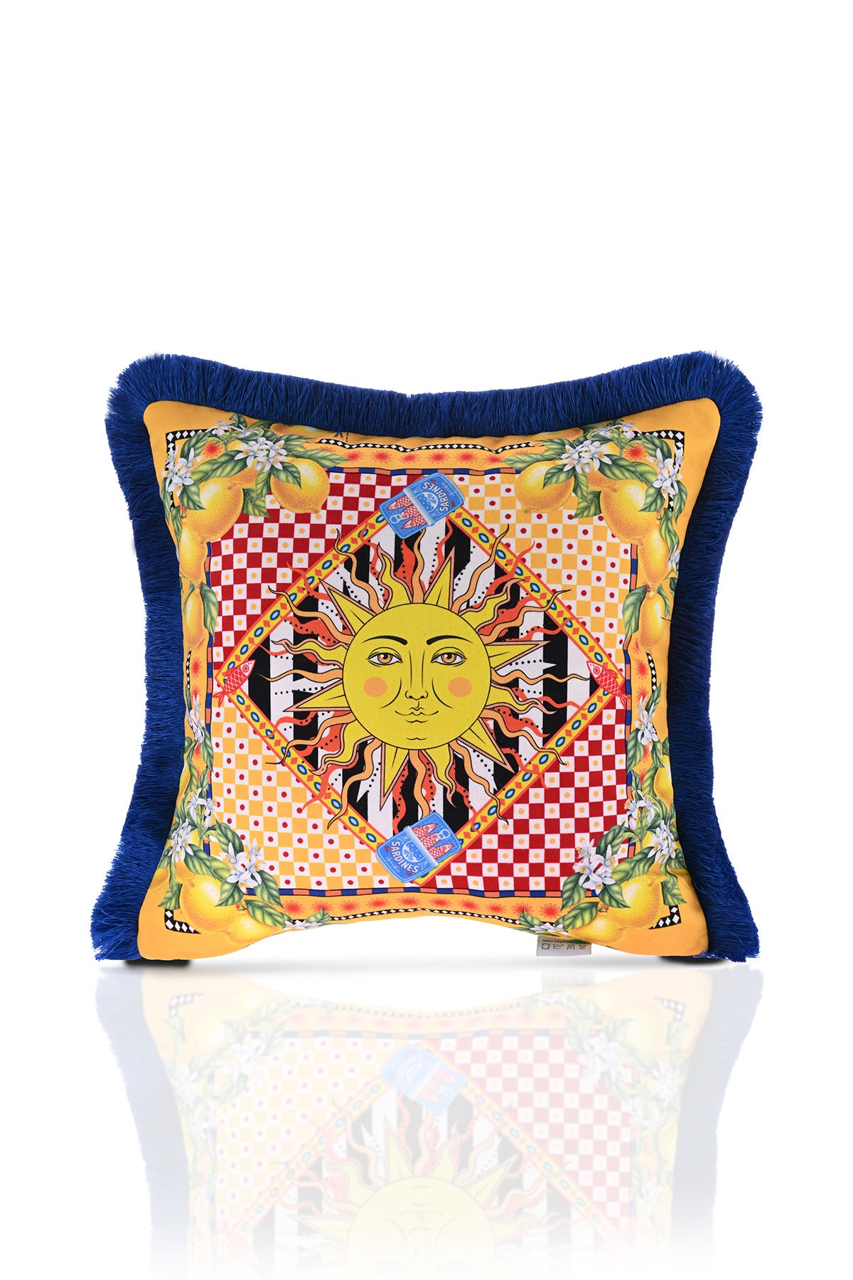 Sole di Sicilia Güneş Desenli Sarı Tasarımlı Saçaklı Kadife Kırlent Kılıfı - 43x43cm