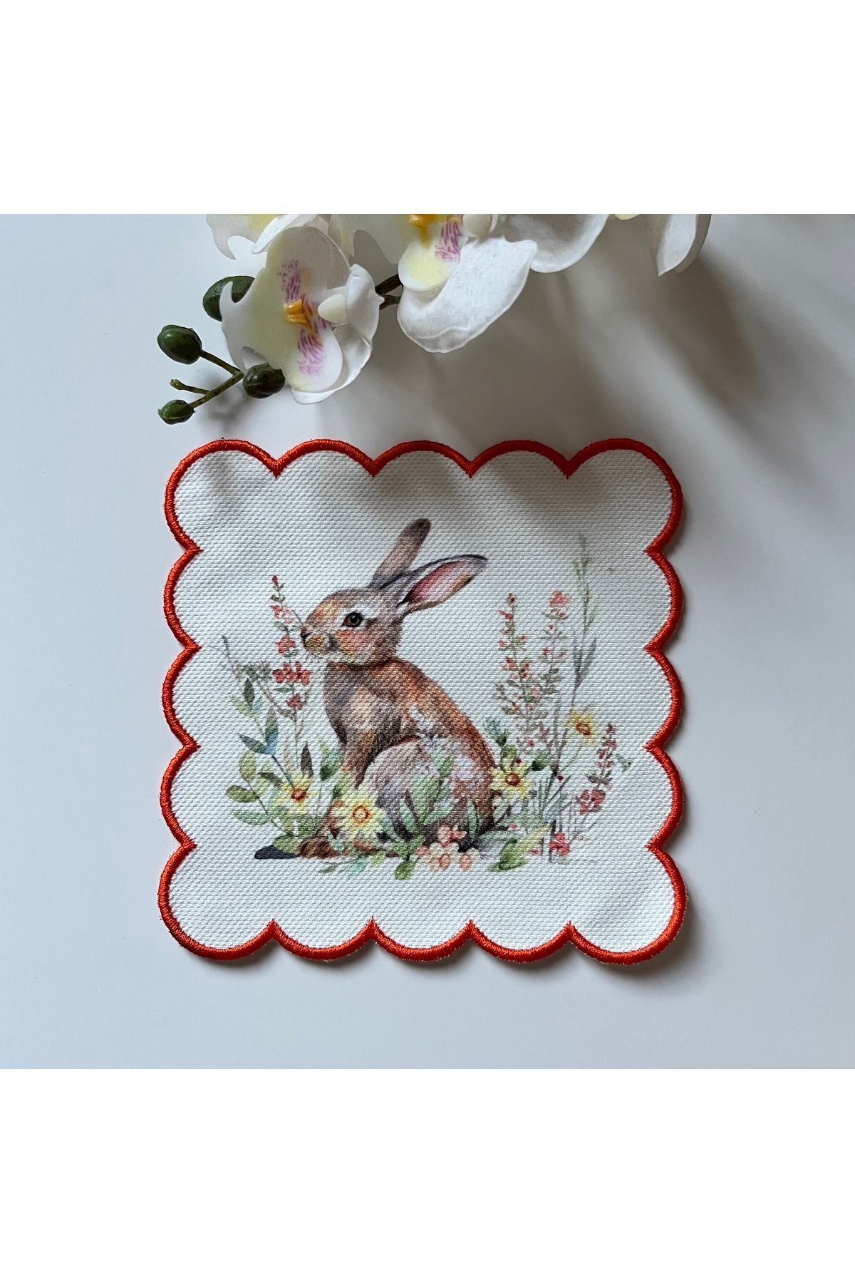 Turuncu Desenli Dijital Baskılı, Kenarı  Nakışlı Dekoratif Kokteyl Peçeteleri