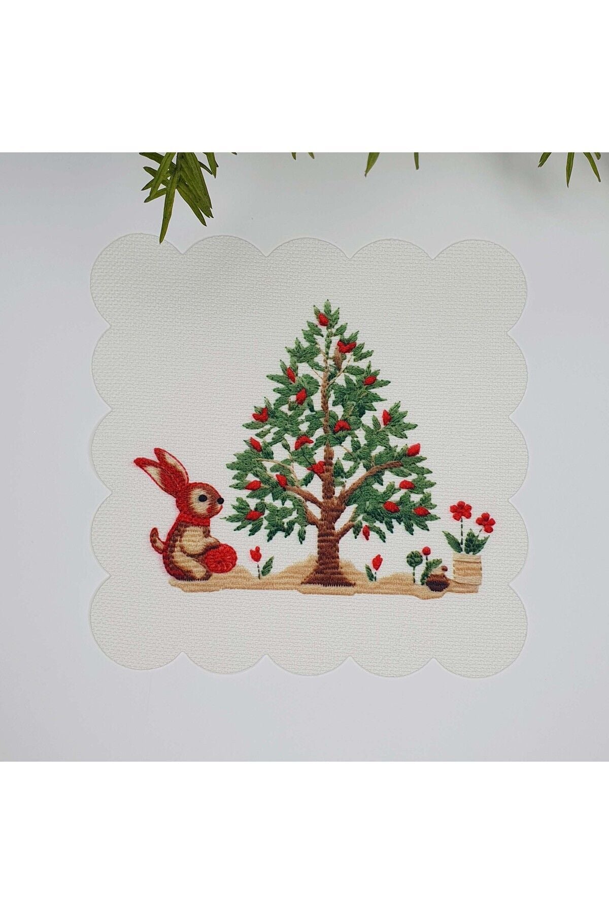 Yılbaşı Ağacı Tavşan Desenli Kokteyl Peçetesi Kumaş