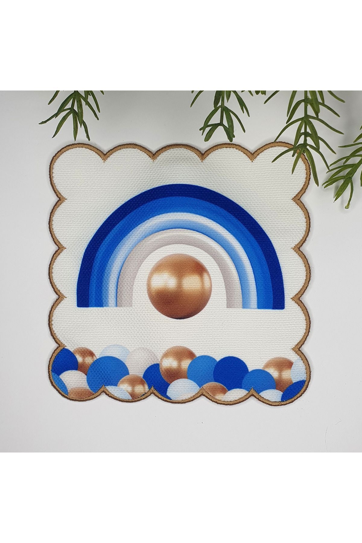 Mavi Gökkuşağı ve Balon Tasarımlı Nakış Kenar Kumaş Kokteyl Peçetesi 1 Adet