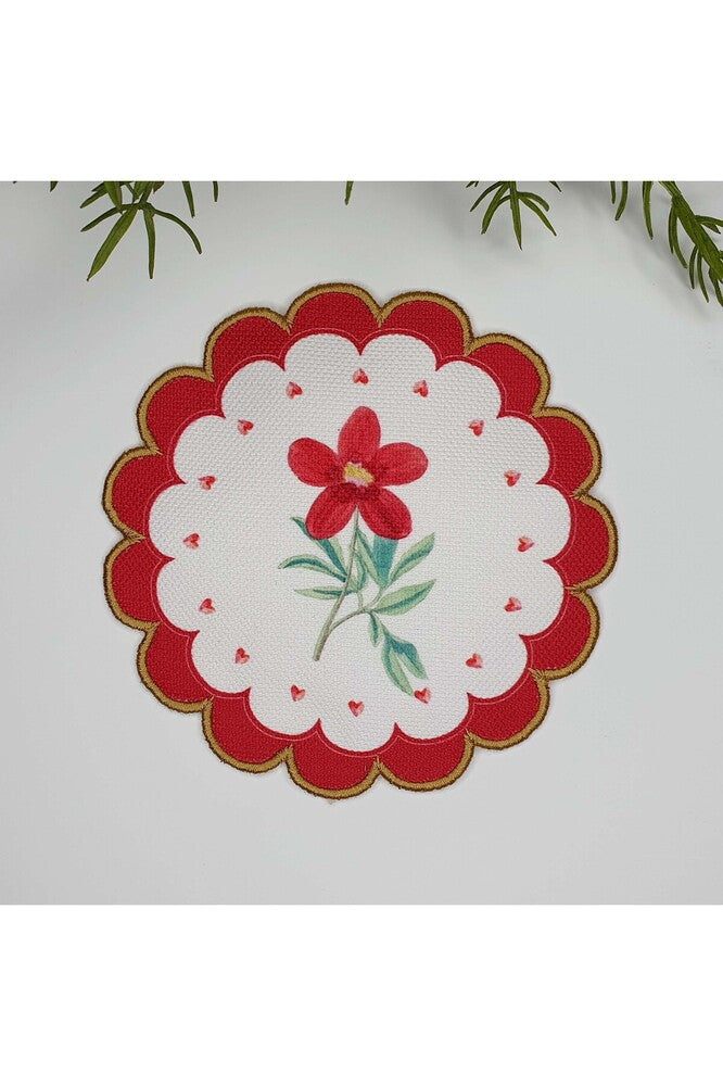 Kırmızı Kenar Çiçek Desenli Altın Nakış Kenar Kokteyl Peçetesi 1 Adet