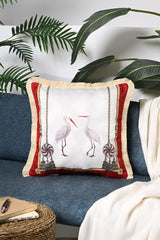 Kırmızı Çerçeveli Leylek Tasarımlı Saçaklı Kadife Kırlent Kılıfı - 43x43cm