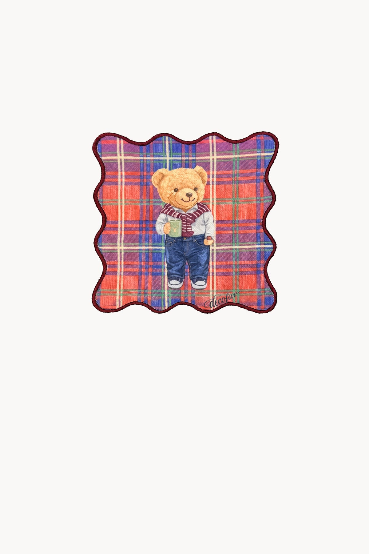 Bordo Ekoseli Masal Teddy Ayıcık Nakışlı Kokteyl Peçetesi 1 Adet