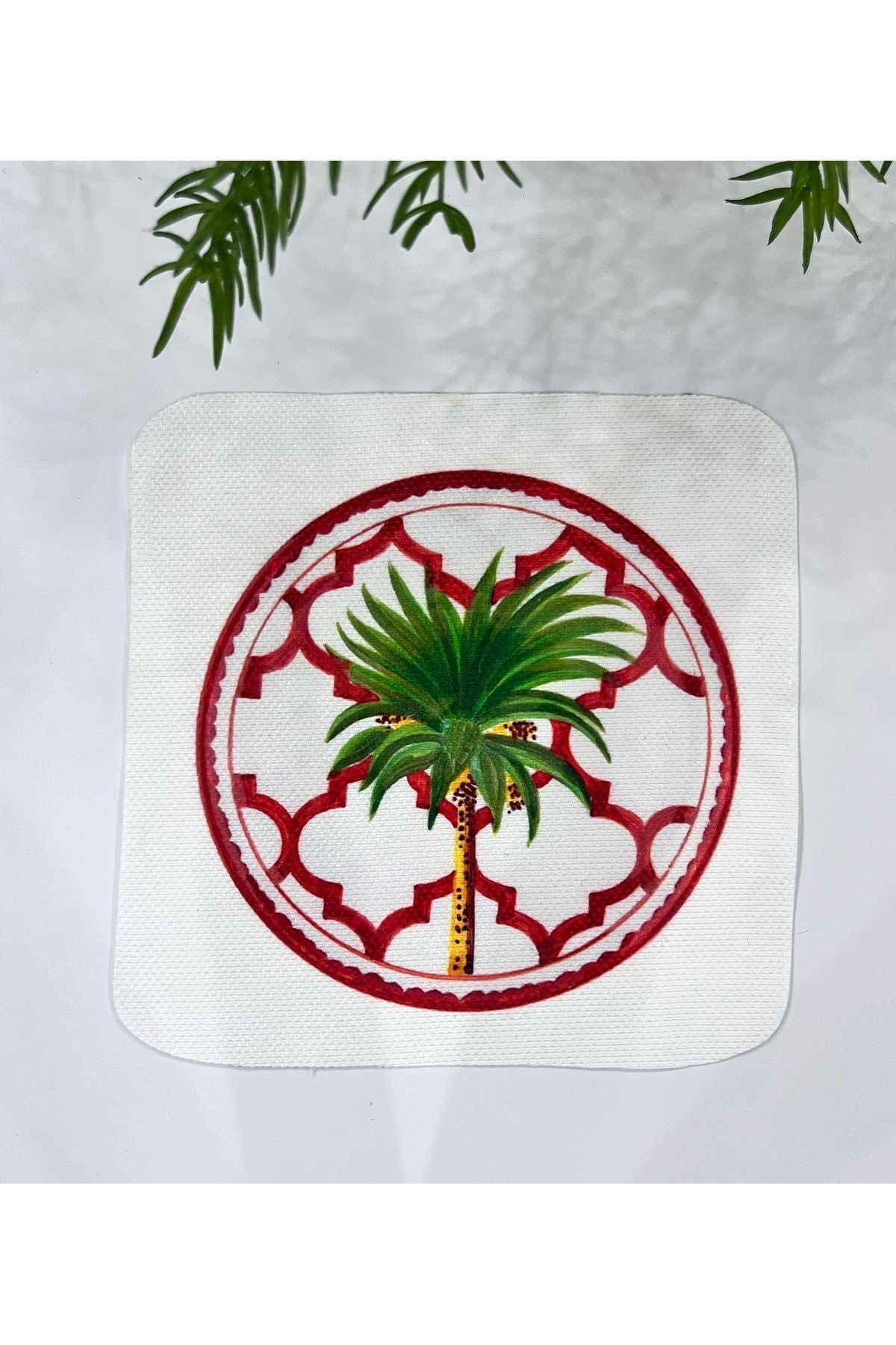 Palmiye Desenli Kumaş Kokteyl Peçetesi Yıkanabilir Lazer Kesimli