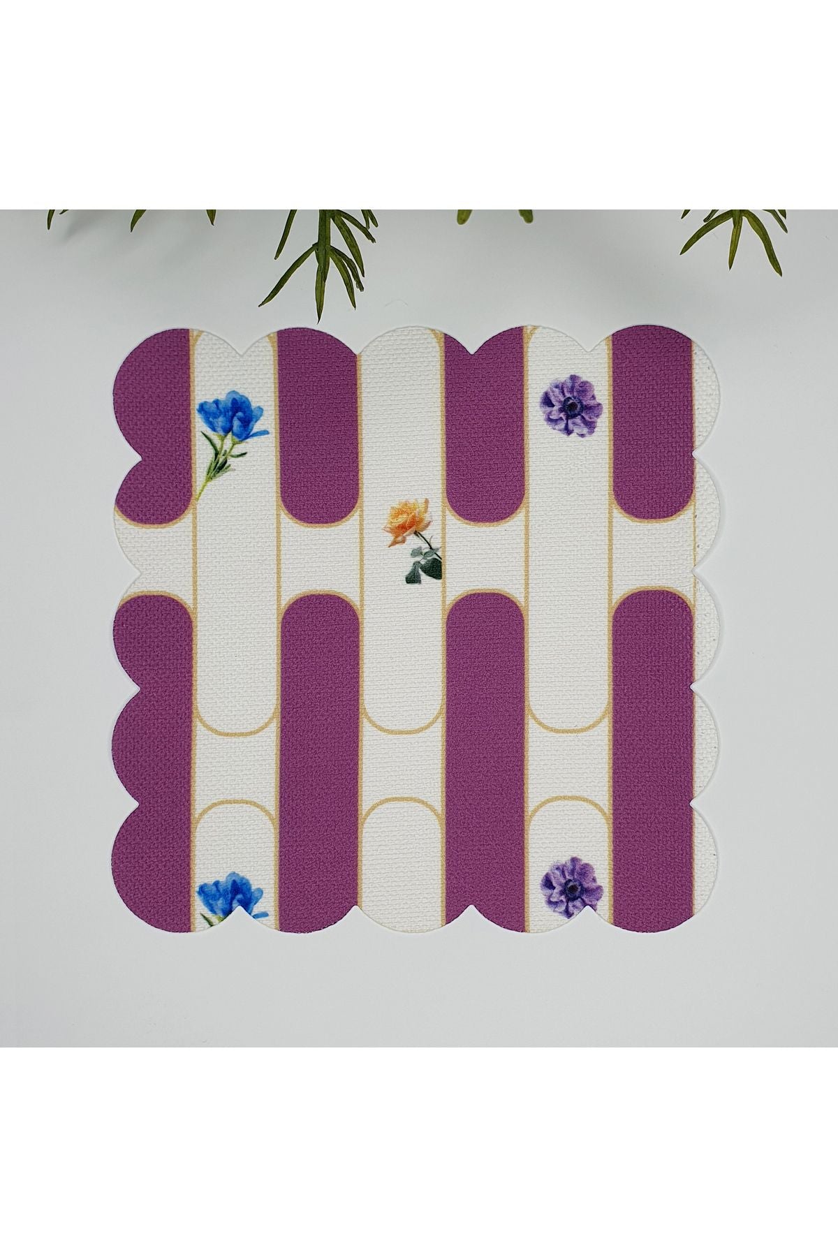 Decorative Purple Stripe Patterned Floral Laser Cut Fabric Cocktail Napkin 1 Piece