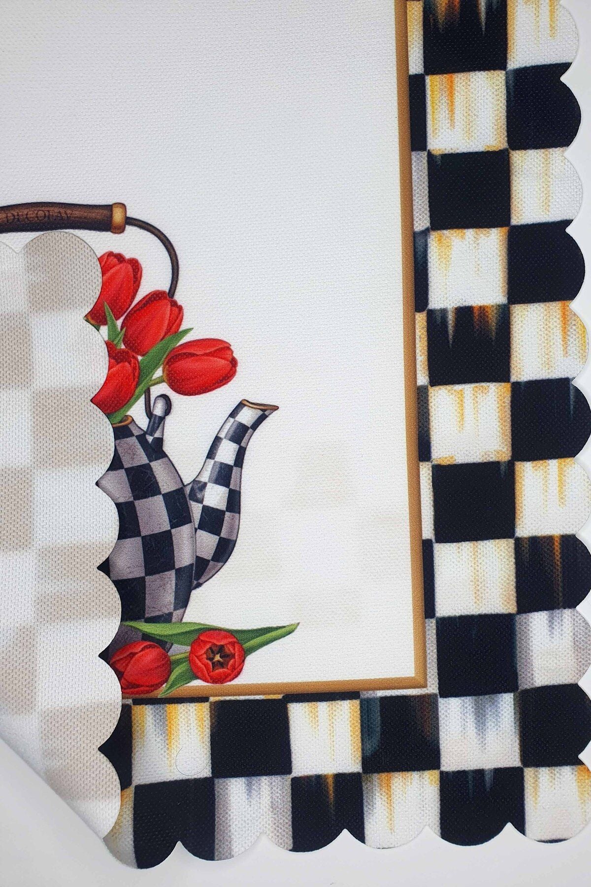 Dama Desenli Lale Çaydanlık Temalı Dijital Baskılı Lazer Kesim Dikişsiz Fırın Örtüsü - 40x52cm