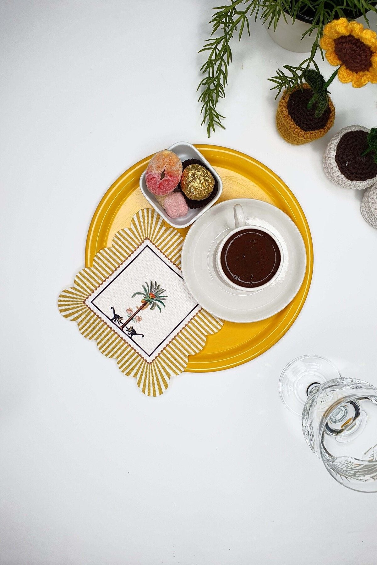 Decorative Yellow Edge Palm Tree, Monkey Design Laser Cut Fabric Cocktail Napkin, 1 Piece