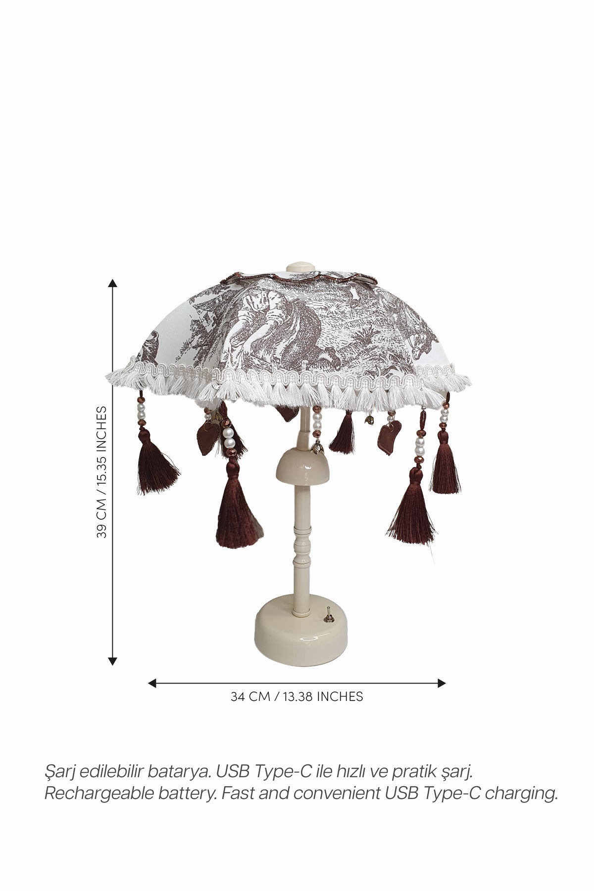 Vintage Toile de Jouy Bali Şemsiyesi Şarjlı LED Aplik – Klasik Fransız Desenli Dekoratif Aydınlatma