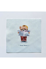 Gazete Okuyan Ayıcık TedyyDesenli Kumaş Kokteyl Peçetesi Yıkanabilir Lazer Kesimli