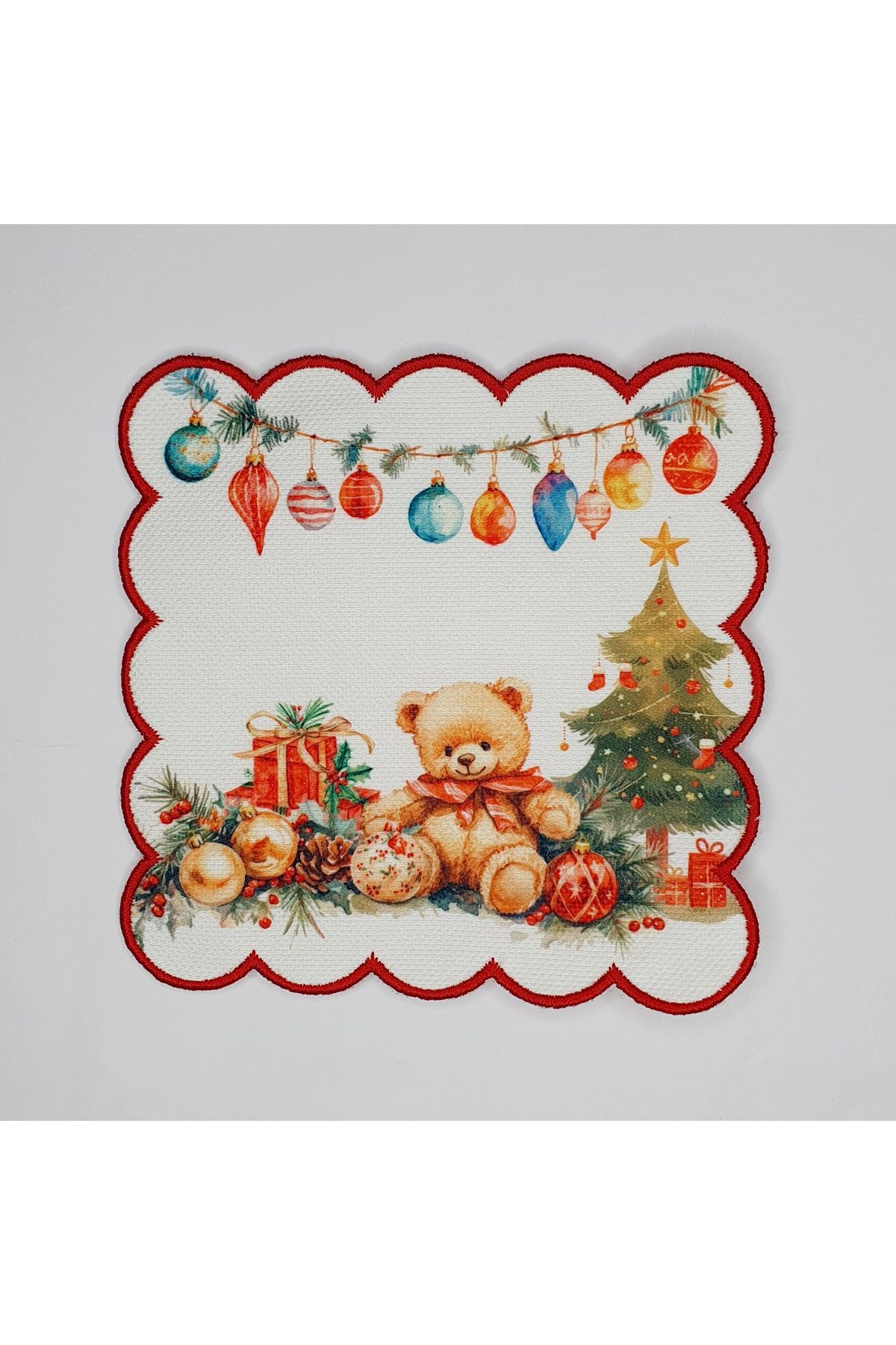 Yılbaşı Konsept Teddy Ayıcık Desenli Etrafı Kırmızı Nakışlı Kokteyl Peçetesi