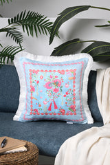 Love Bloom Kalpli Mavi Renkli Çiçekli Saçaklı Kadife Kırlent Kılıfı - 43x43cm