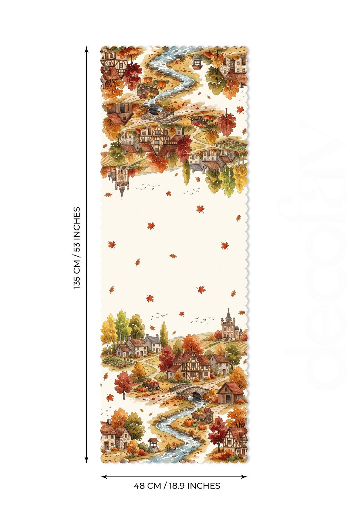 Suluboya Sonbahar Kasabası Desenli Lazer Kesim Runner - 48x135cm