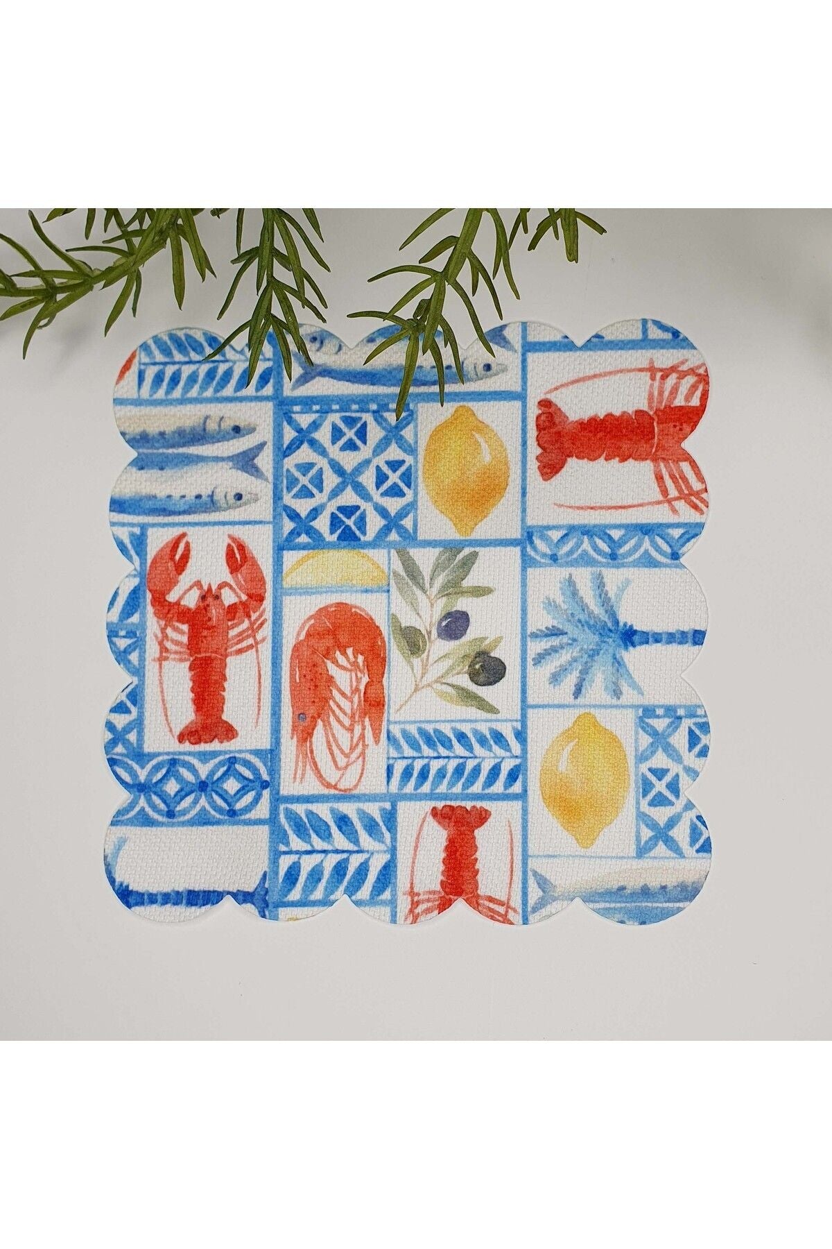 Marin Tasarım Yengeç Limon ve Çini Tasarım Lazer Kesim Kumaş Kokteyl Peçetesi 1 Adet