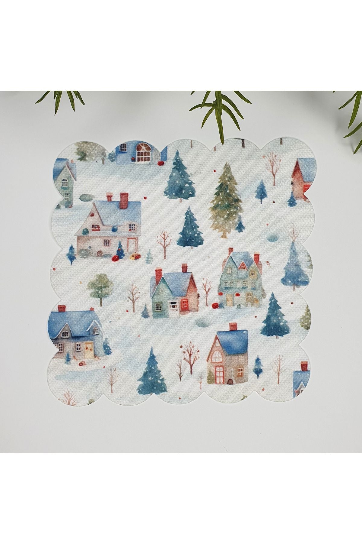 Sulu Boya Evler ve Ağaç Manzaralı Lazer Kesim Kumaş Kokteyl Peçetesi 1 Adet